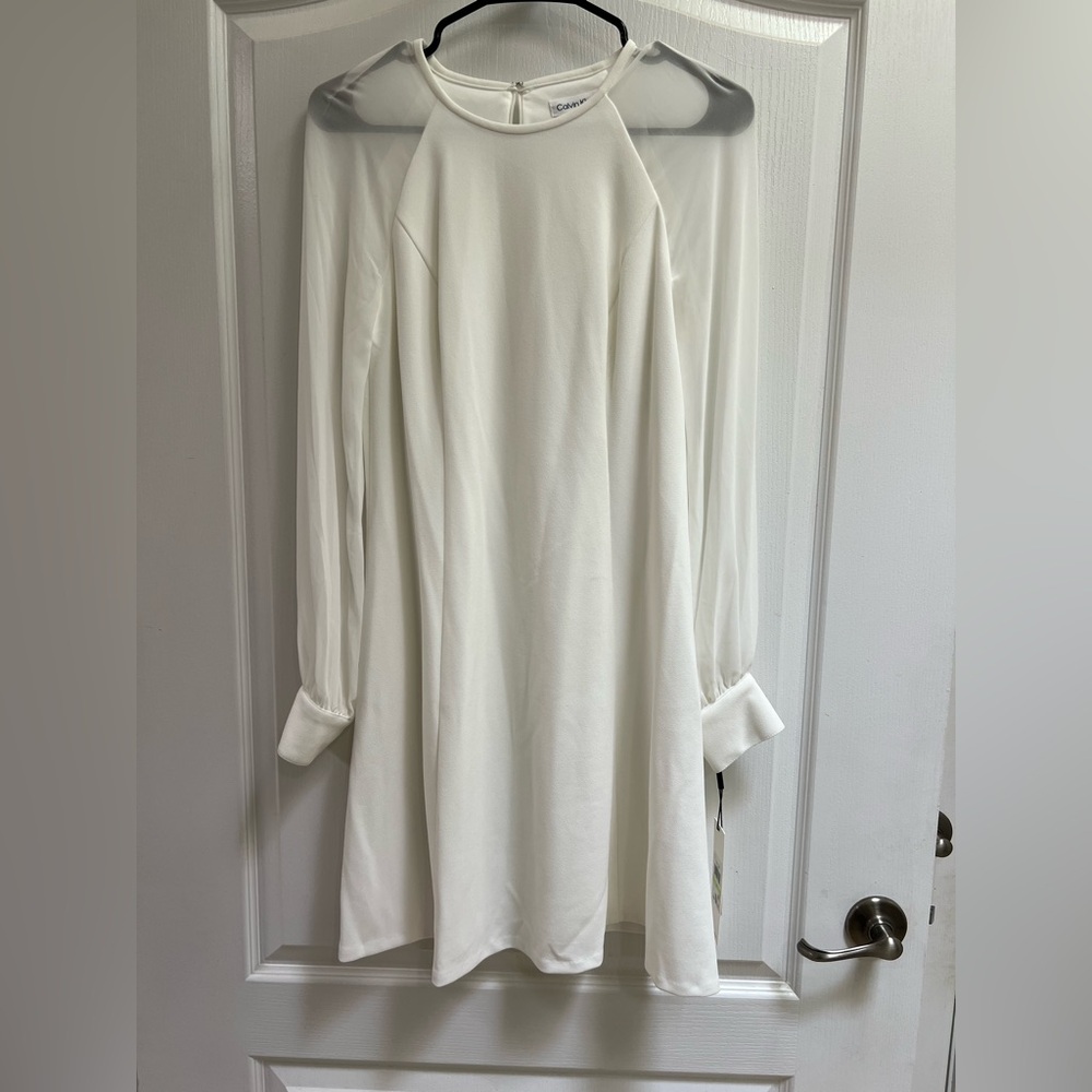 Calvin Klein White Sheer Sleeve Chiffon Dress Women’s Size 4 Zipper